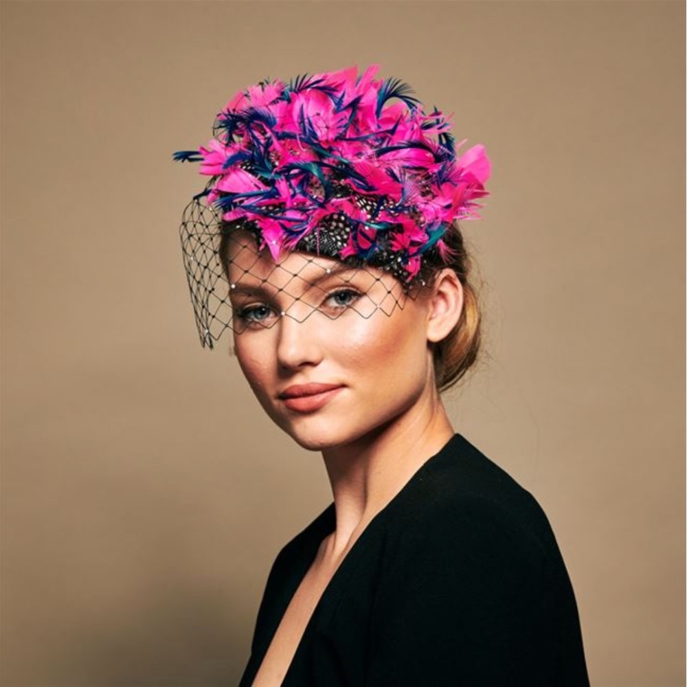 ROSIE OLIVIA MARLOW FEATHERY BERET WITH VEIL ADORNED WITH TINY PEARLS